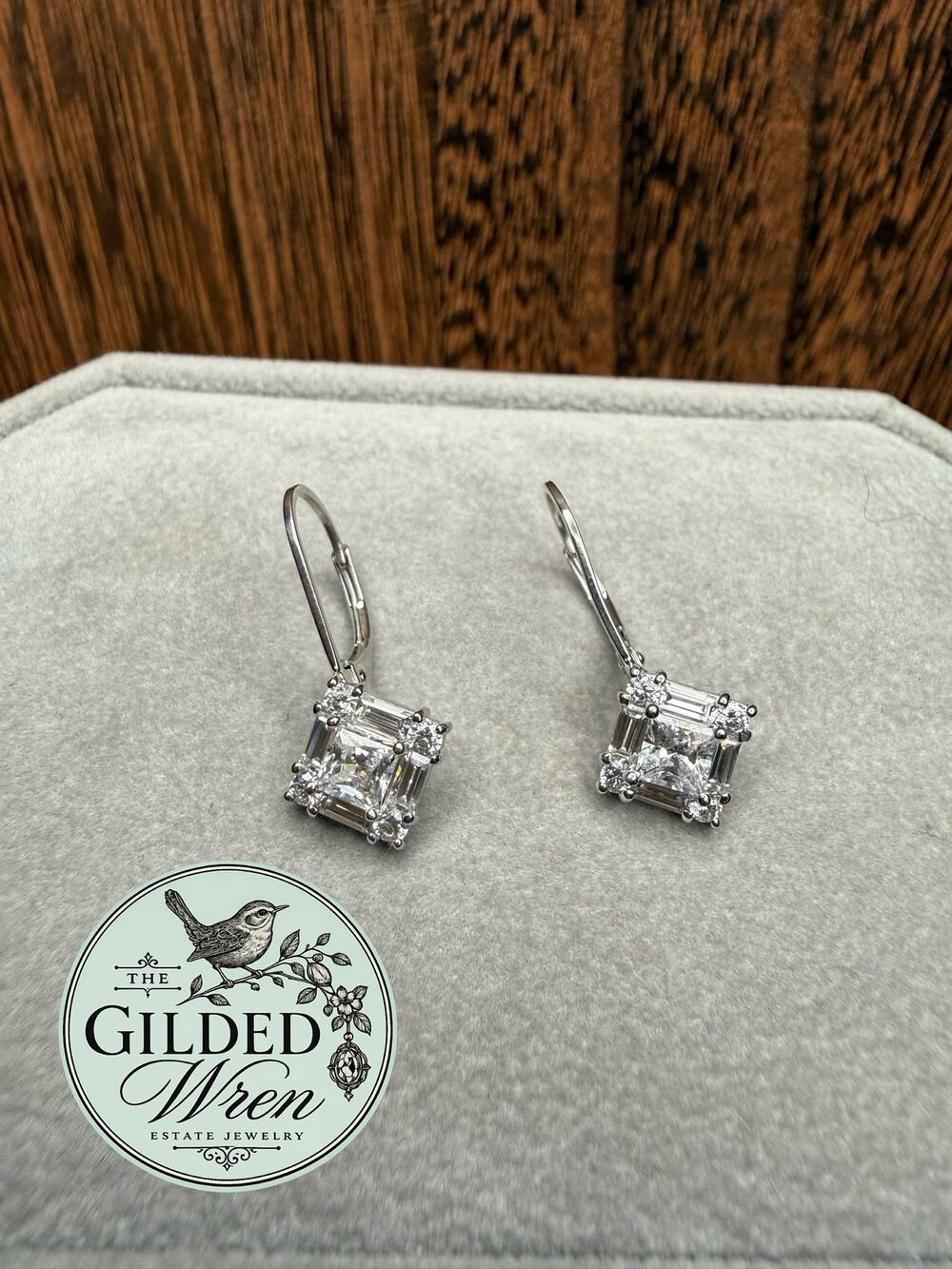 Diamonique 925 Sterling Silver CZ Leverback Earrings Square Dangle 1.3"